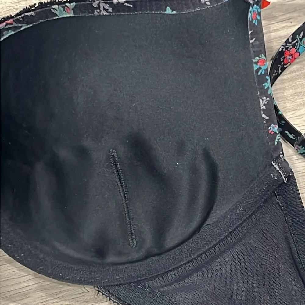 Women's Aerie Floral Black Emma Bra with Red and Green Accents